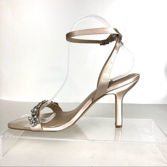 Jewel Badgley Mischka Embellished Stiletto Wrap Around Champagne Heels Sz 8.5 - Picture 7 of 9